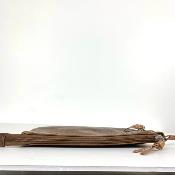 Margot Cognac Brown 100% Leather Large Wristlet Leaf Paisley Pattern 9.75x6 in. - Picture 7 of 12